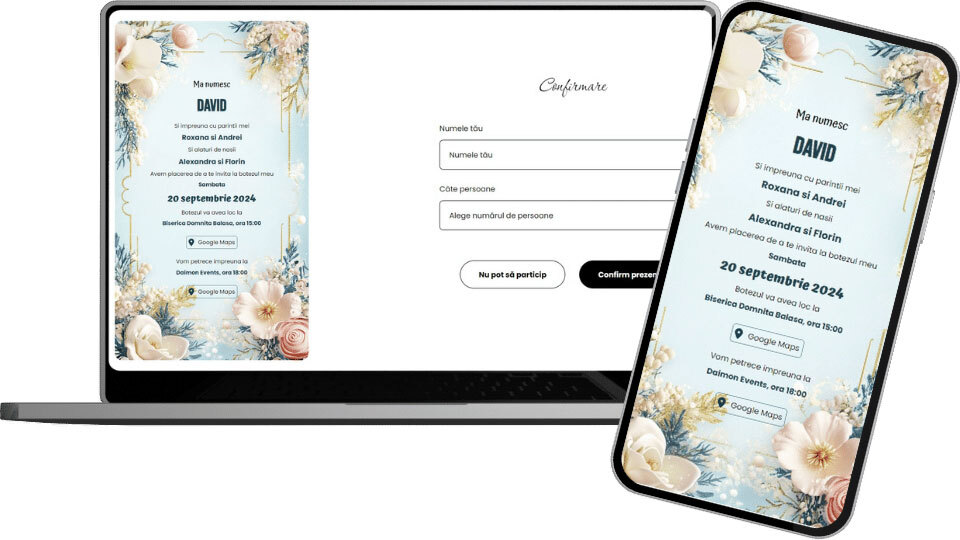 Invitație Botez Digitală "Blue Flowers - Minimalist"