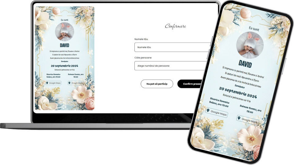 Invitație Botez Digitală "Blue Flowers - Standard"