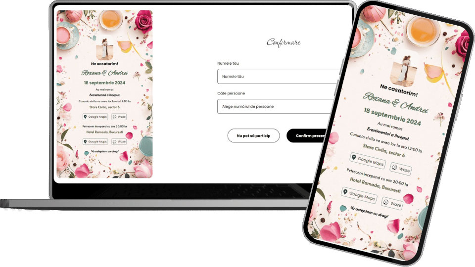 Invitație Nuntă Digitală "Floral Tea Party - Count Down"