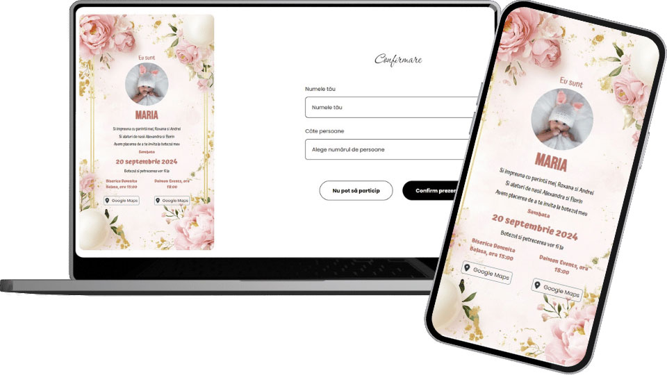 Invitație Botez Digitală "Pink Flowers - Standard"