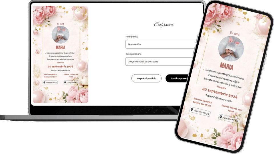 Invitație Botez Digitală "Pearl Pink Flowers - Standard"