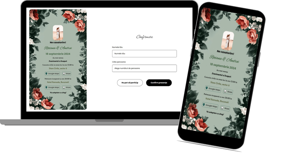 Invitație Nuntă Digitală „Roses 3 - Countdown”